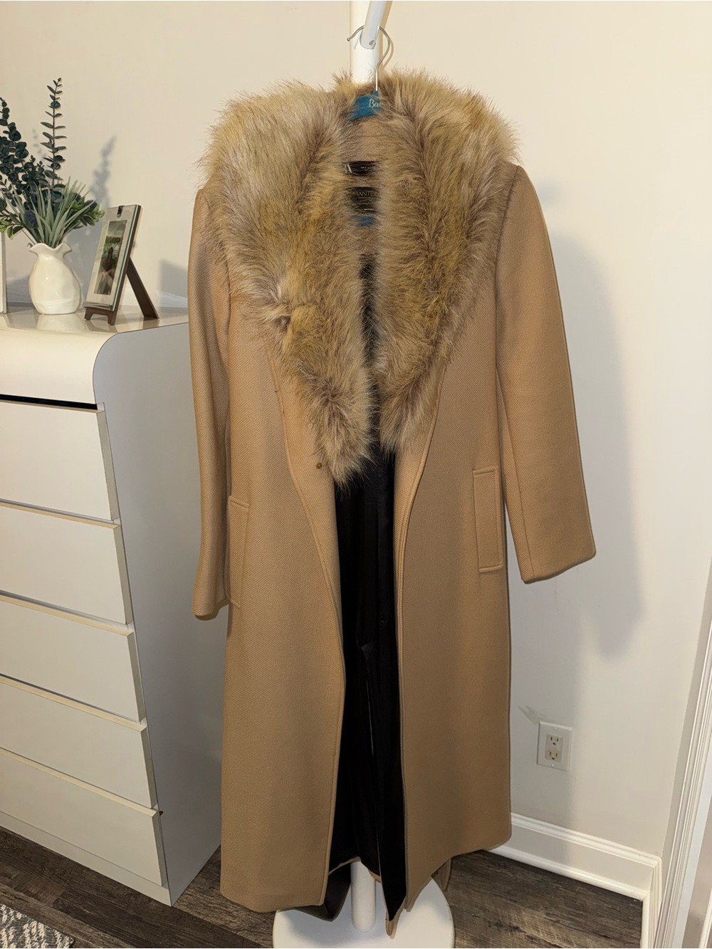 Zara Camel Wool-Blend Coat with Faux-Fur Collar